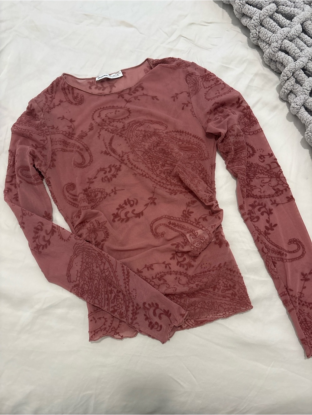 Bershka Long Sleeve Paisley Sheer Mesh Top in Dusty Rose